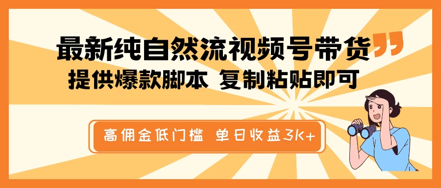 最新纯自然流视频号带货，提供爆款脚本，简单复制粘贴即可，高佣金低门槛，单日收益3K+